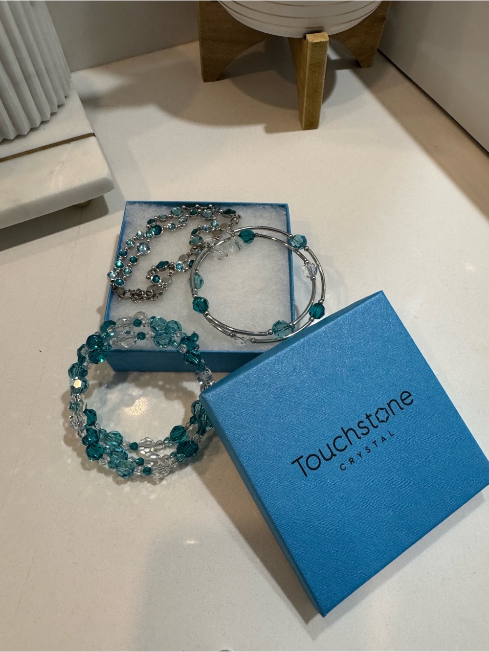 Lot: Touchstone Crystal Teal and Clear Crystal Bracelet Set